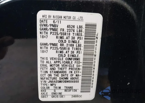 2011 Nissan Rogue Sv from USA, damaged, VIN JN8AS5MV0BW684988
